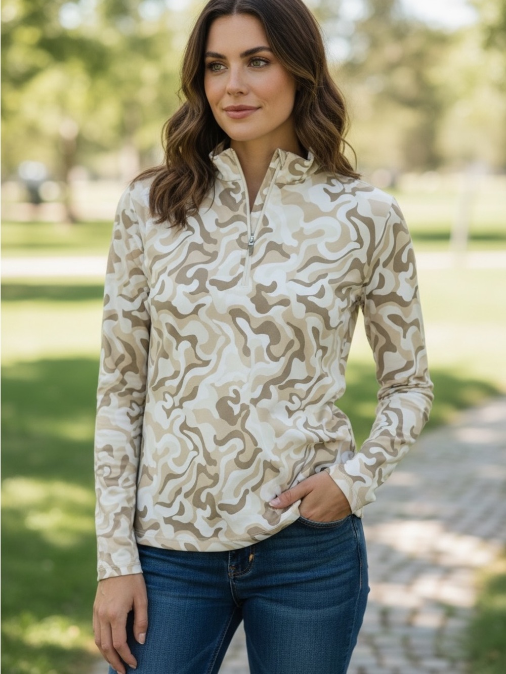 J. McLaughlin Catalina Cloth Quarter-Zip Long Sleeve Top in Beige Camo Swirl